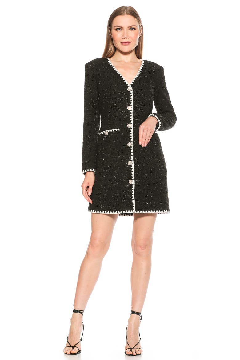 Zayla Long Sleeve Button Front Tweed Dress, Alternate, color, BLACK/ WHITE