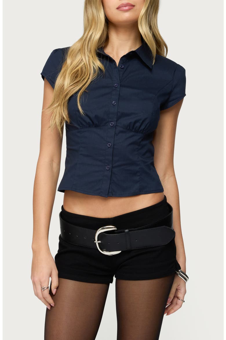 Massie Cap Sleeve Stretch Cotton Button-Up Shirt, Main, color, NAVY