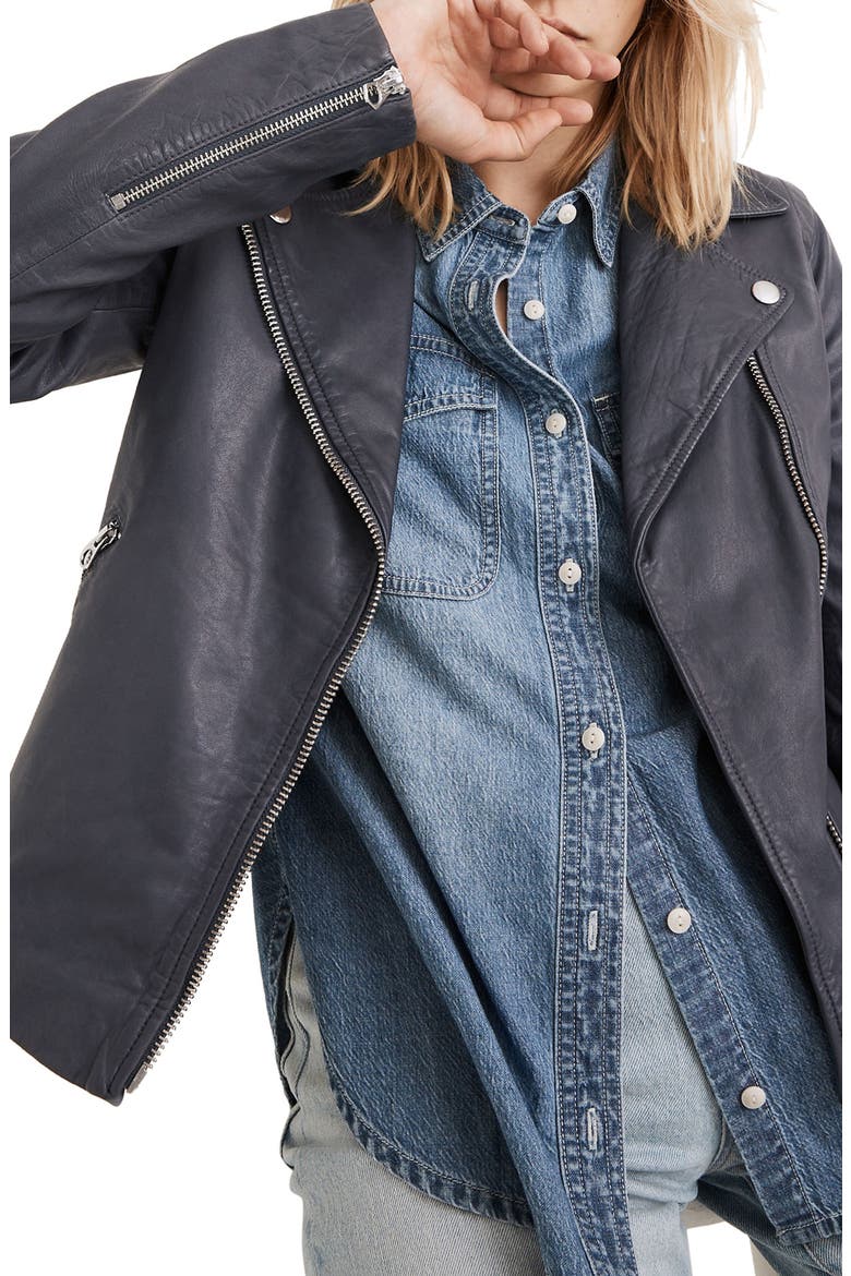 Washed Leather Moto Jacket, Main, color, SUNFADED INDIGO