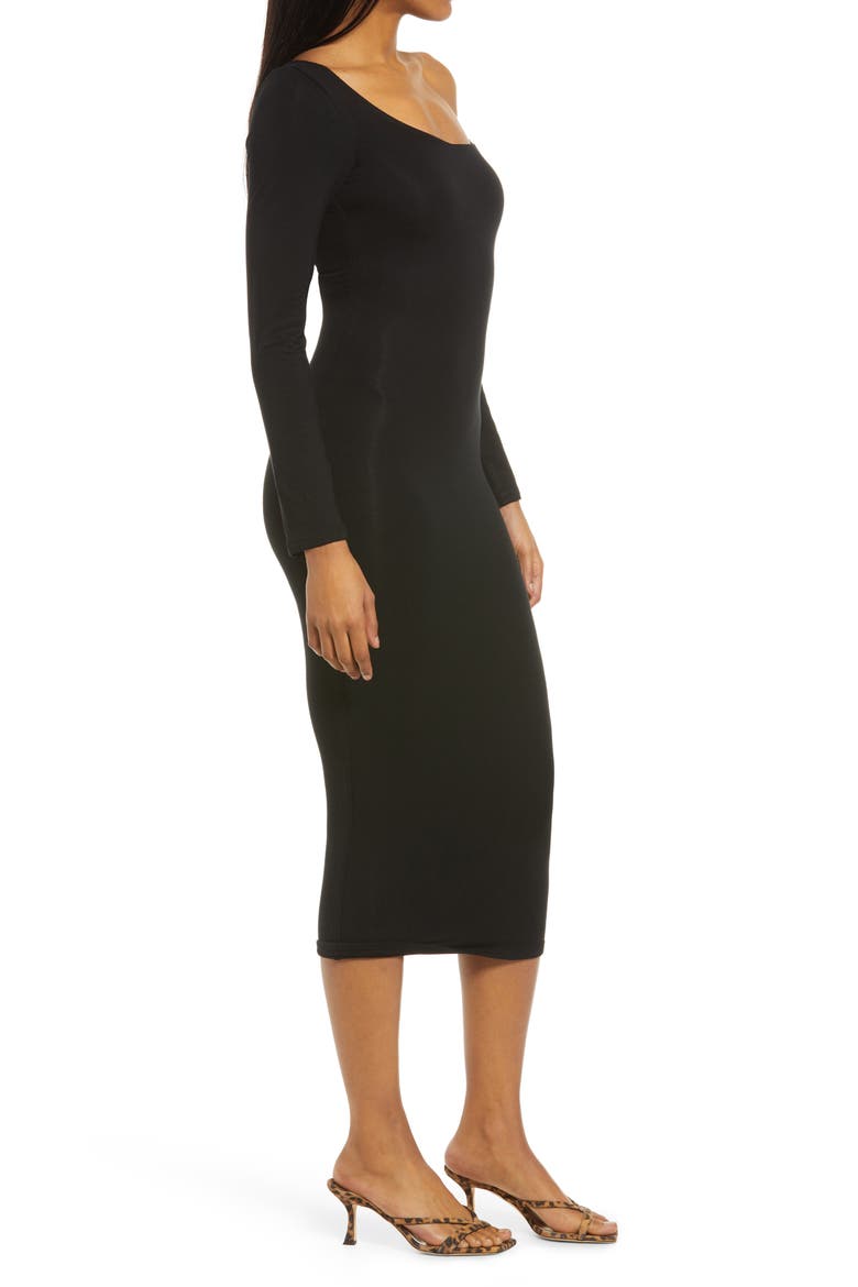 Long Sleeve One-Shoulder Midi Dress, Alternate, color, BLACK