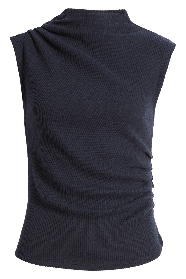 Asymmetric Ruched Sleeveless Mock Neck Knit Top, Alternate, color, HEATHER CARBON BLUE