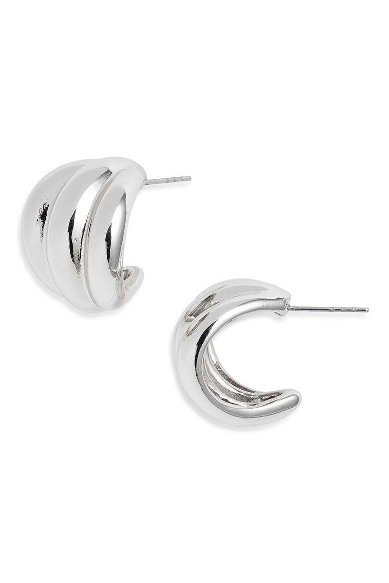 Wide Ridged Huggie Hoop Earrings, Main, color, SILVER