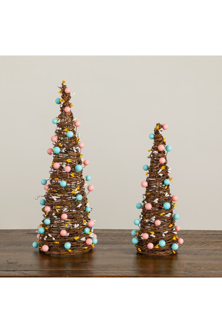 12-in and 16-in  Artificial Easter Rattan Cone Trees with Pastel Eggs - Set of 2, Alternate, color, Brown
