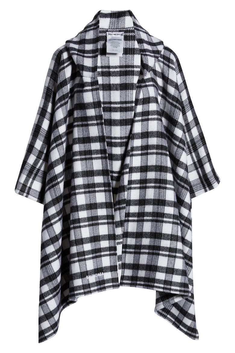 Tartan Plaid Hooded Wool Poncho, Alternate, color, BLACK/ IVORY