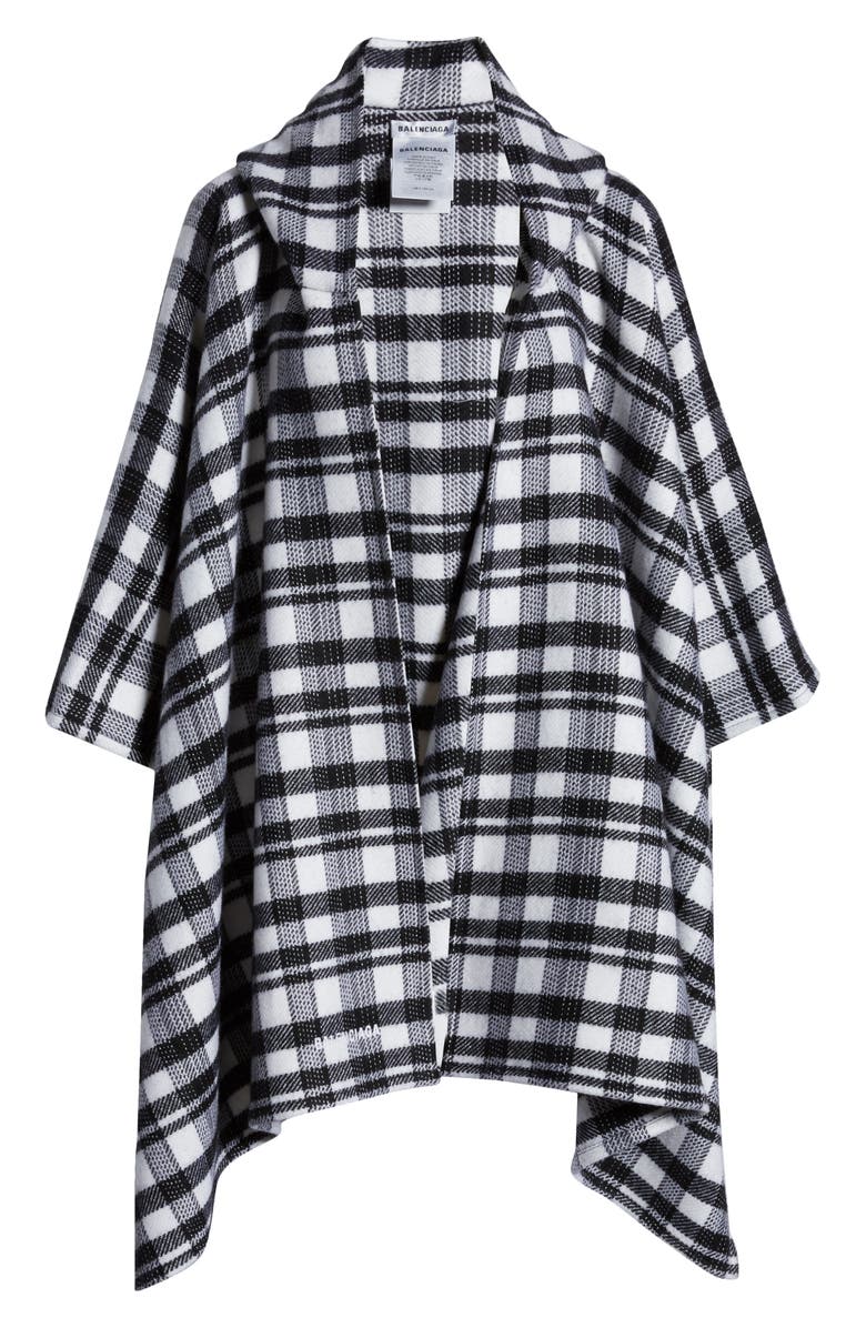 Balenciaga Tartan Plaid Hooded Wool Poncho, Alternate, color, Black/ Ivory