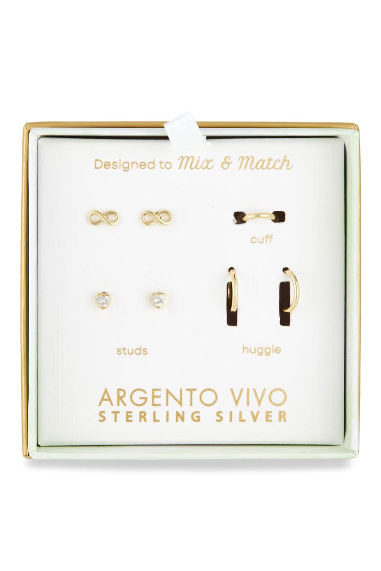 Pack of Four Heart Assorted Stud, Cuff & Hoop Earrings, Main, color, GOLD