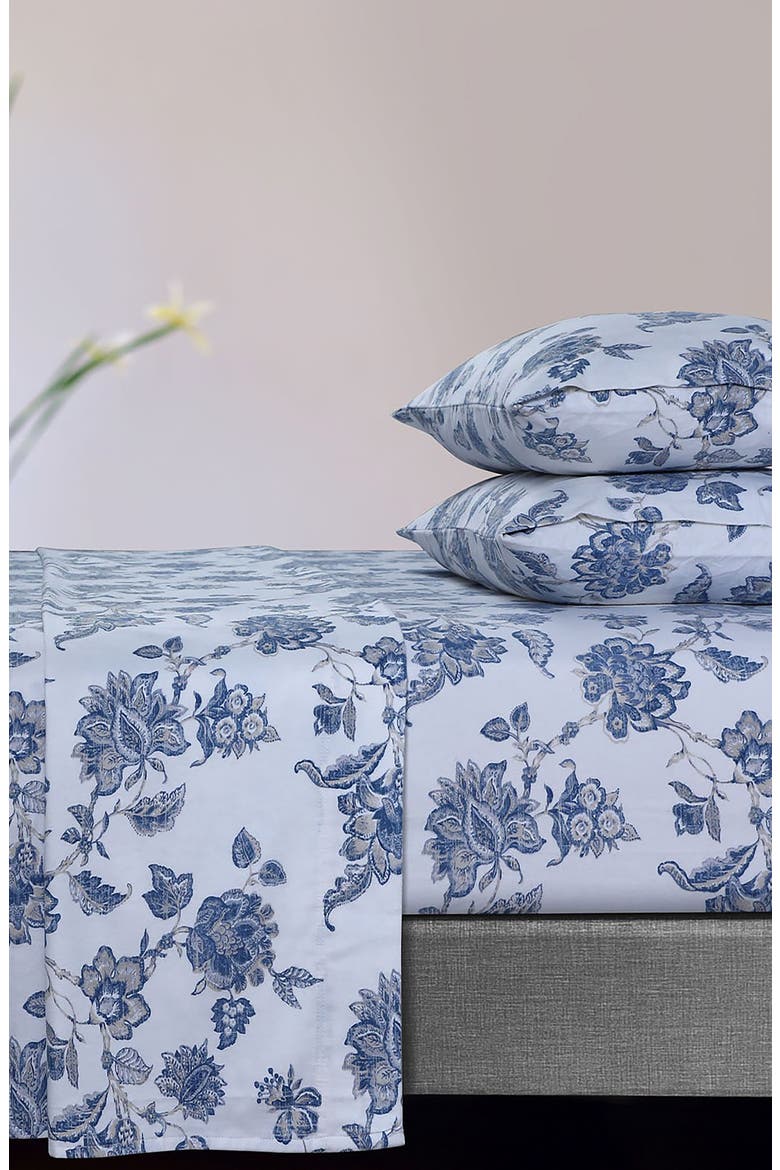 Ayana Floral Cotton Flannel Sheet Set, Main, color, DEEP BLUE