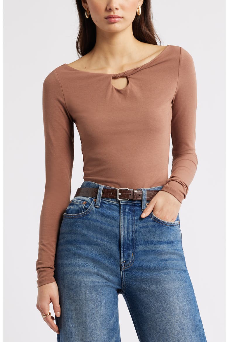 Twist Neck Cutout Top, Main, color, BROWN TOPAZ