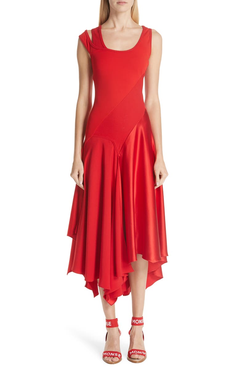 MONSE Asymmetrical Mixed Media Midi Dress, Main, color,