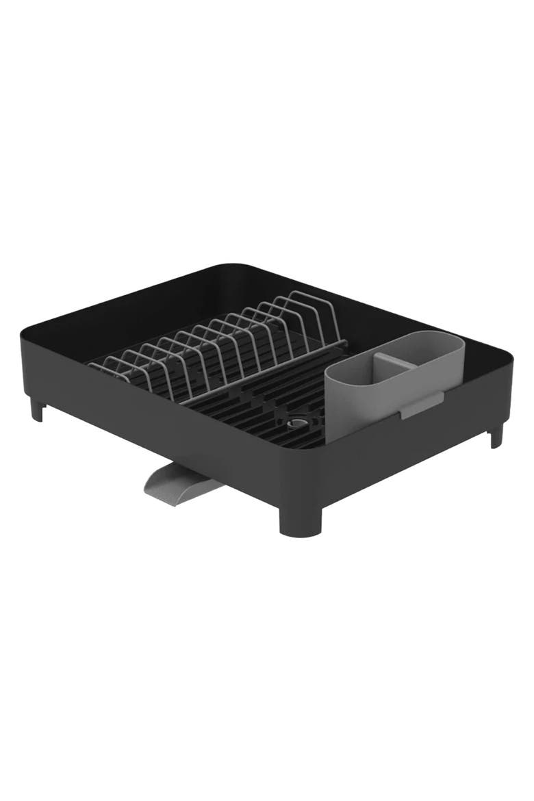 Nonslip Dish Drying Rack with Drainage Spout and Removable Cutlery Holder, Main, color, Black