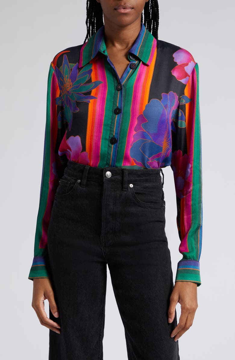 FARM Rio Flower Season Scarf Print Button-Up Shirt, Main, color, 