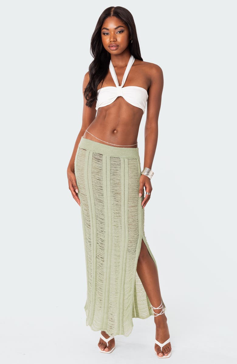 EDIKTED Ophelia Distressed Knit Maxi Skirt, Alternate, color, Olive