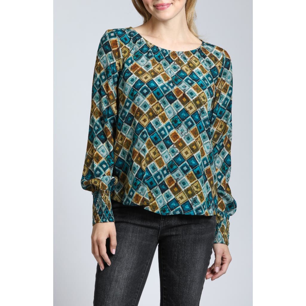 Apny Printed Smocked Cuff Top In Green Multi