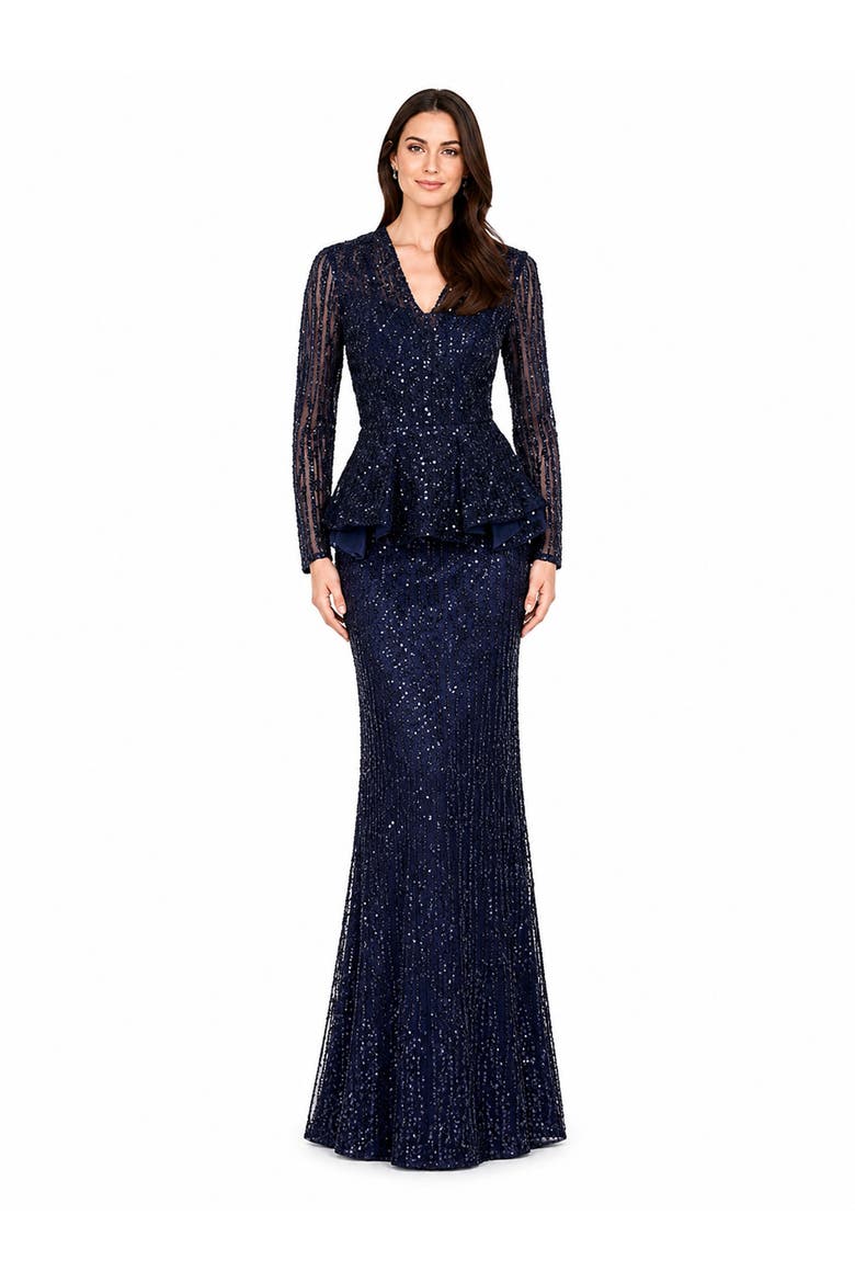 Long Sleeve Beaded Peplum Dress, Alternate, color, Navy