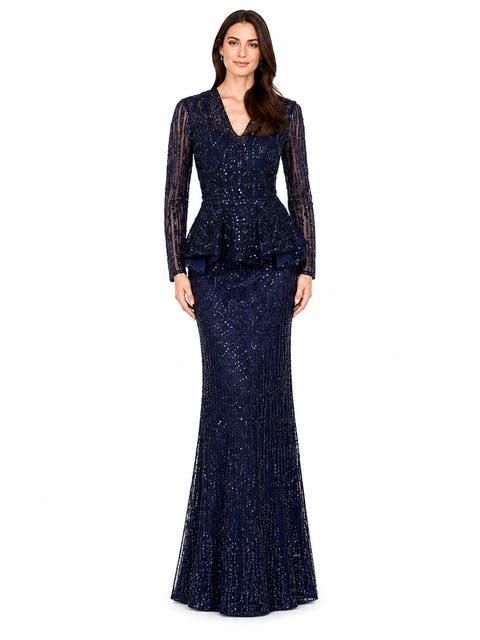 Long Sleeve Beaded Peplum Dress