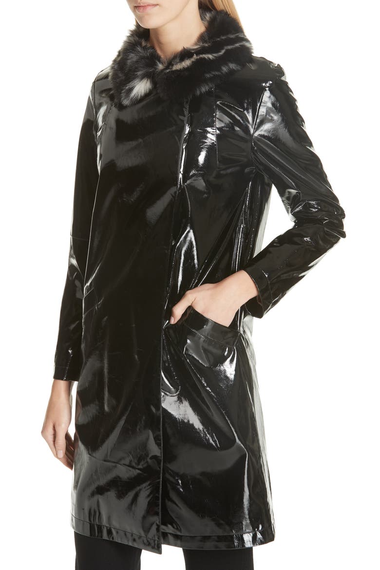 Faux Leather Coat with Leopard Print Faux Fur Collar, Alternate, color, BLACK