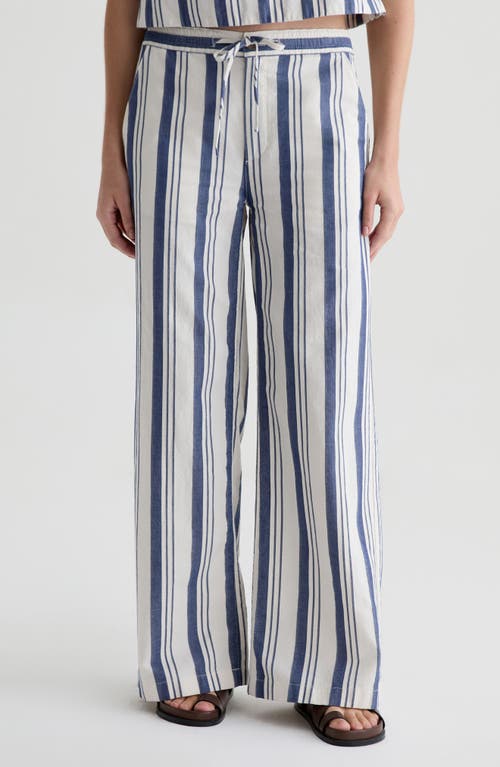 Ag Carolyn Stripe Wide Leg Cotton & Linen Drawstring Pants In Blue