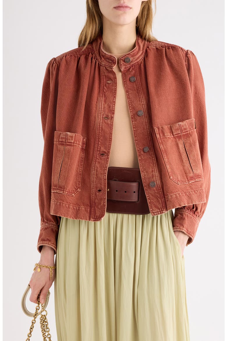 Swing Crop Denim Jacket, Main, color, CRIMSON BROWN