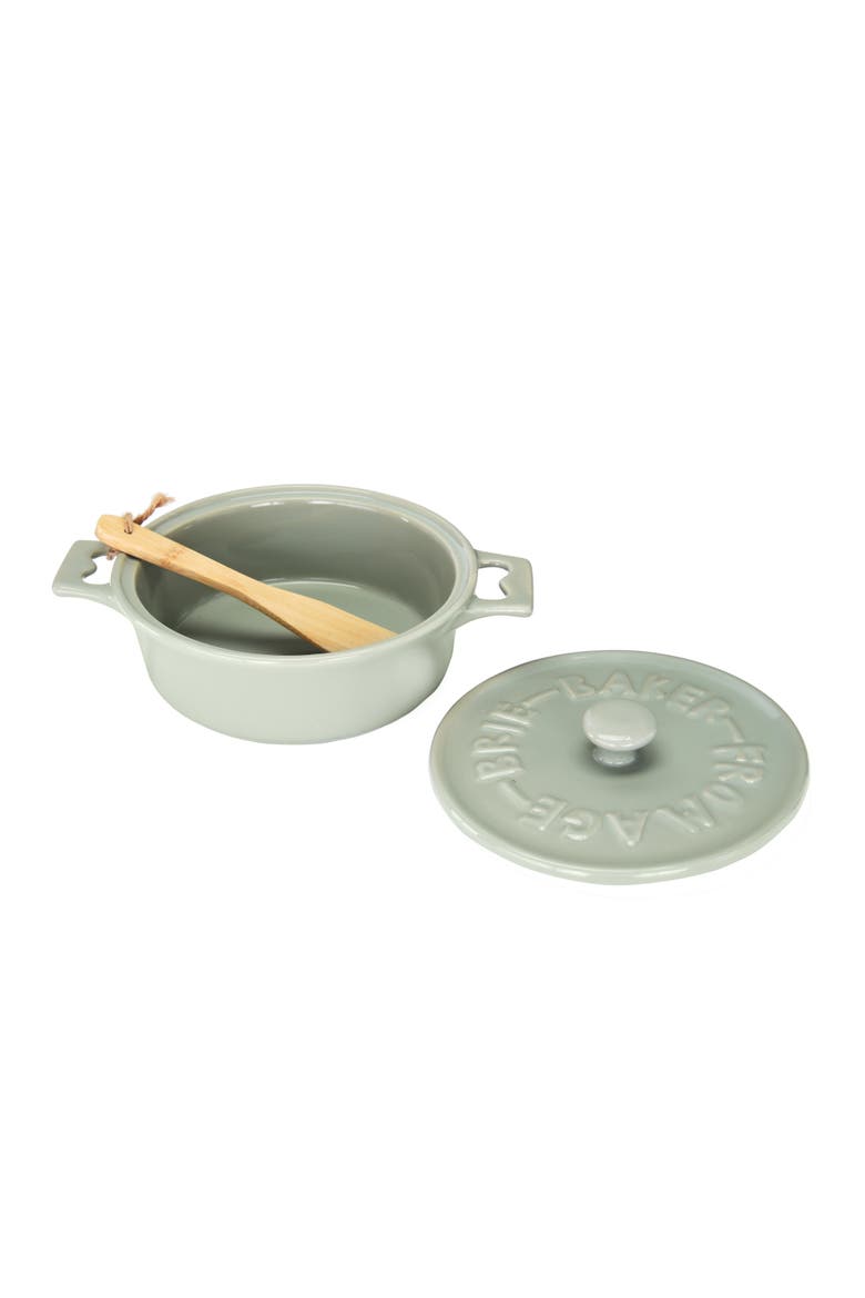 Round Lidded Stoneware Brie Bakers with Wood Spreaders, Alternate, color, Grey