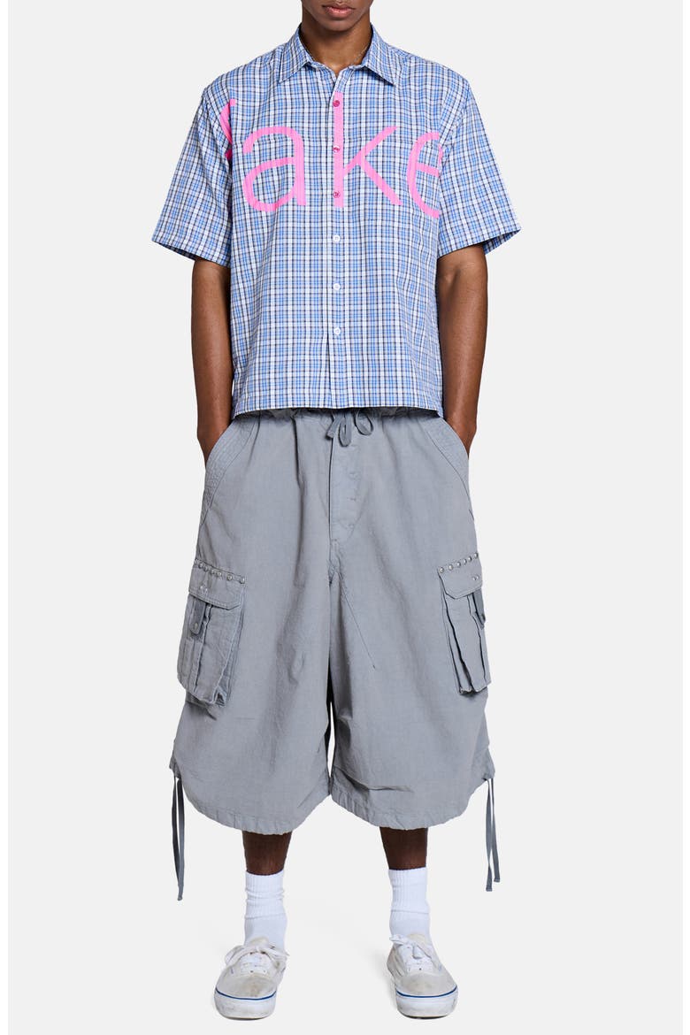 Check Fake Short Sleeve Graphic Button-Up Shirt, Alternate, color, BLUE