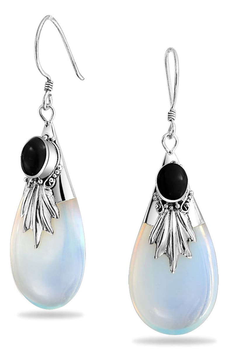 BLING JEWELRY Sterling Silver Bezel Set Simulated Black Onyx & Opalite Drop Earrings, Main, color, 