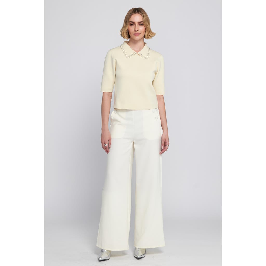 Elle Collection Embellished Collar Knit Top Shawl Sweater In Neutral