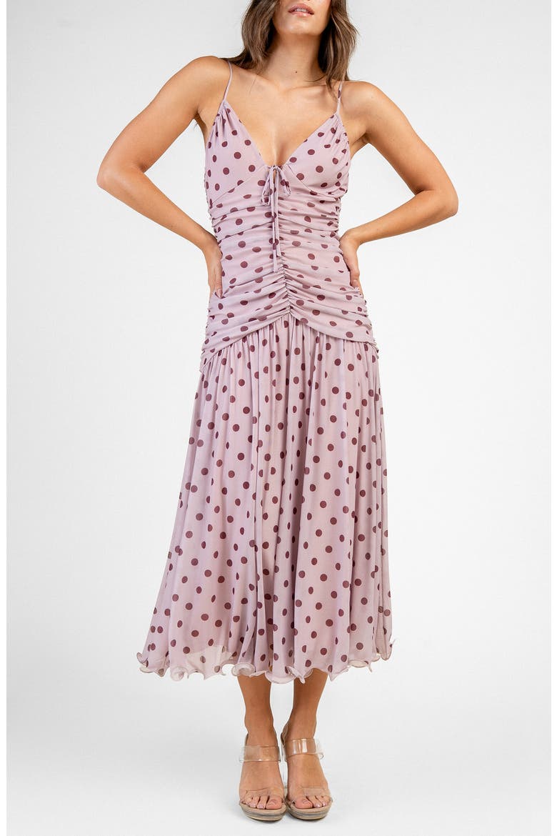 Ruched Tie Front Mesh Midi Dress, Main, color, MAUVE