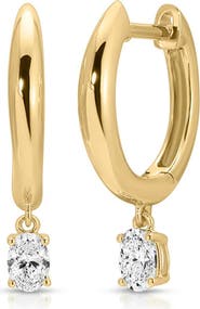EF Collection 14k Gold Diamond Oval Drop Dome Huggie Hoop Earrings