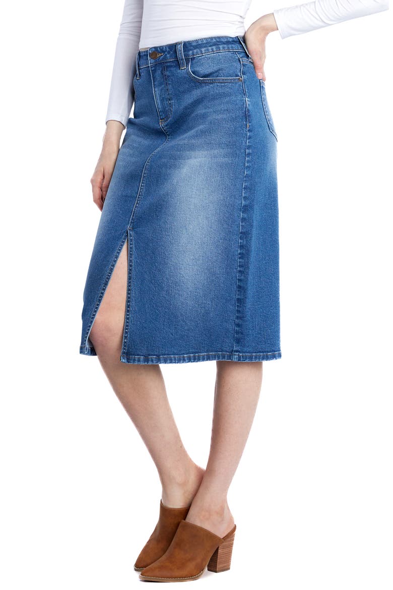 Courtney Front Slit Denim Midi Skirt, Alternate, color, COURT BLUE