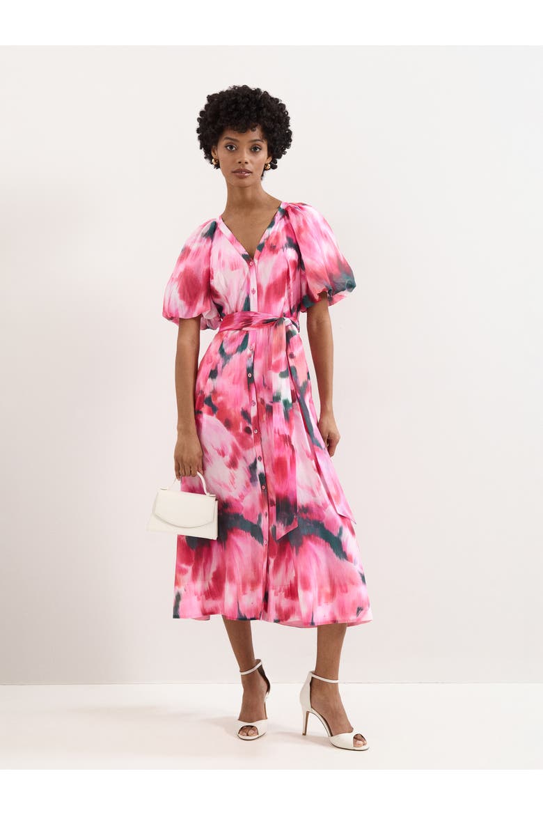 Caterina Puff Sleeve V-Neck Shirt Dress, Main, color, Pink