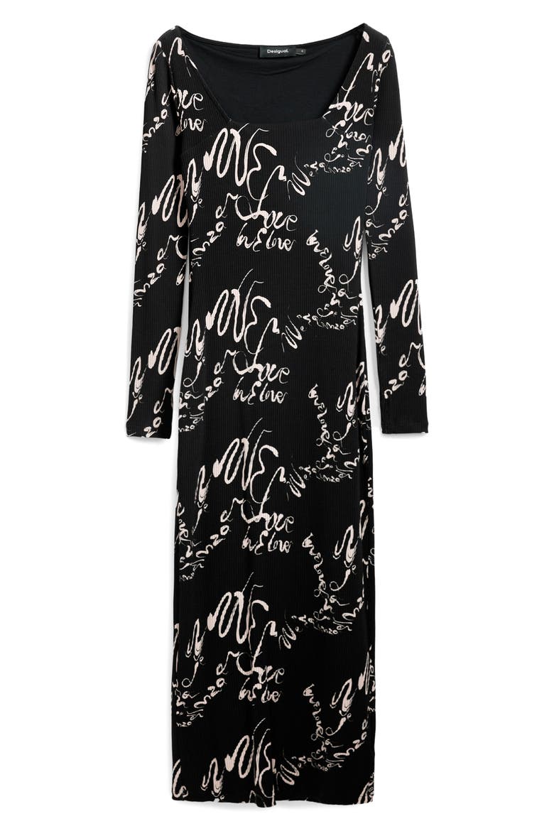 Love Print Long Sleeve Body-Con Midi Dress, Alternate, color, BLACK