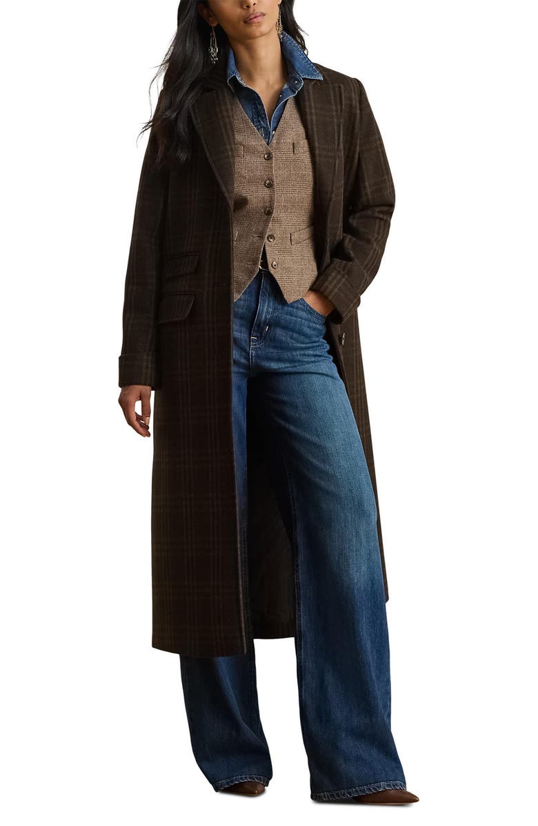 Lauren Ralph Lauren Longline Plaid Wool Blend Reefer Coat, Main, color, Brown Plaid