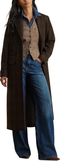Longline Plaid Wool Blend Reefer Coat