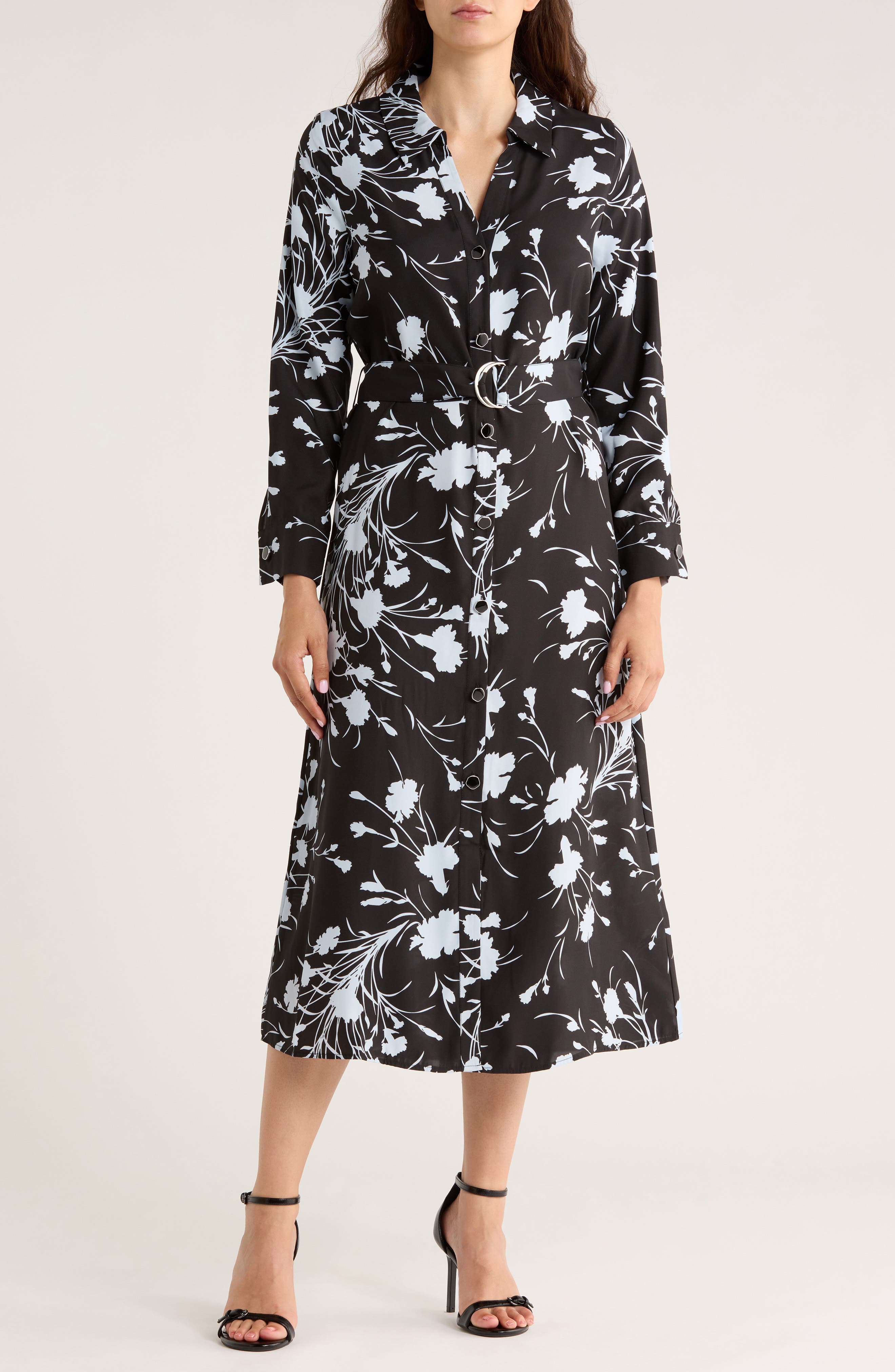 Ellen Tracy Floral Long Sleeve Maxi Shirtdress