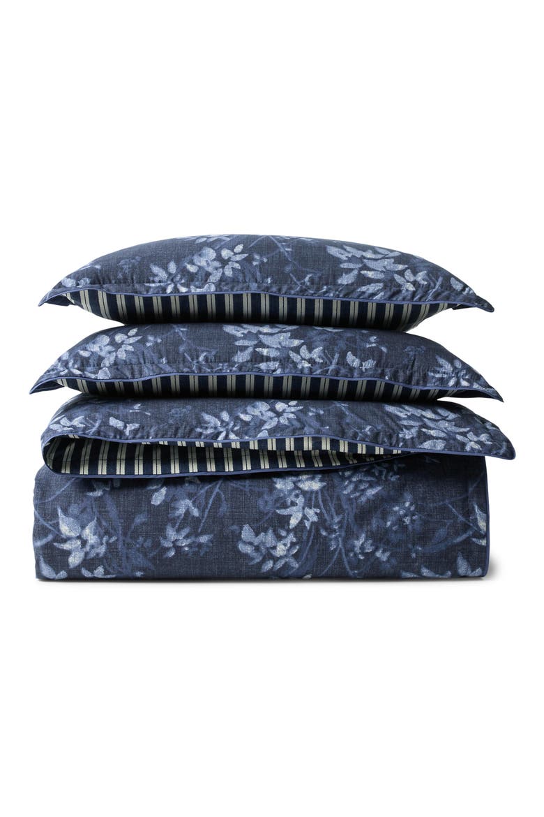 Caterina Floral & Stripe Reversible Cotton Percale Duvet Cover & Sham Set, Alternate, color, NAVY