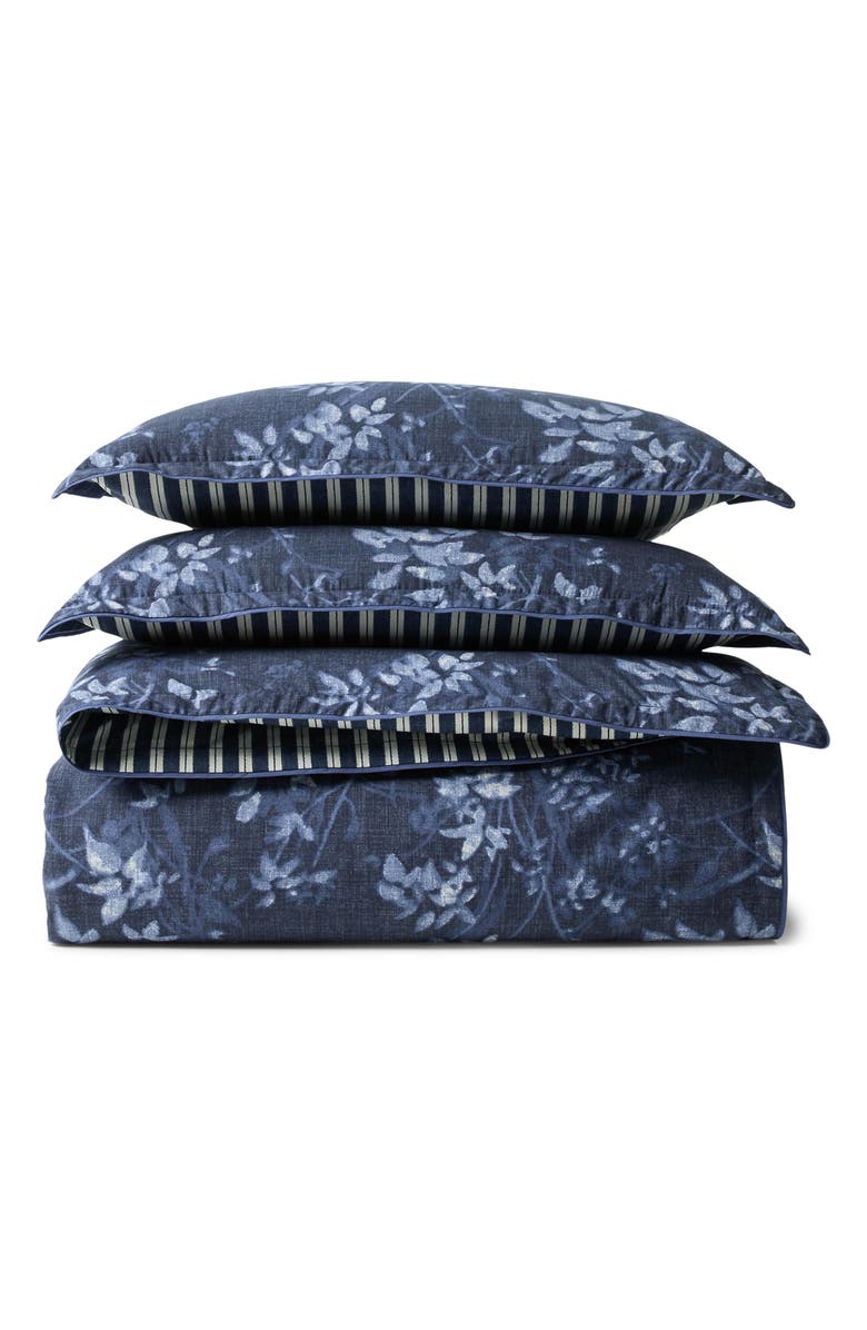 Lauren Ralph Lauren Caterina Floral & Stripe Reversible Cotton Percale Duvet Cover & Sham Set, Alternate, color, Navy