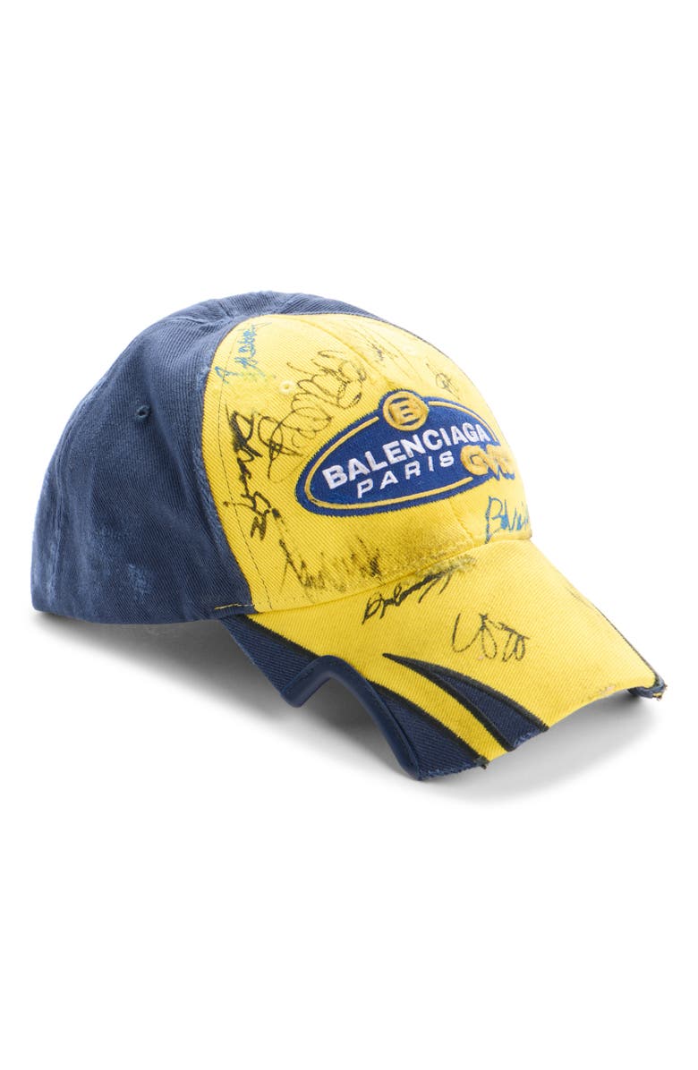 Balenciaga Banana Distressed Cotton Twill Baseball Cap, Main, color, 7268 Yellow/ Blue