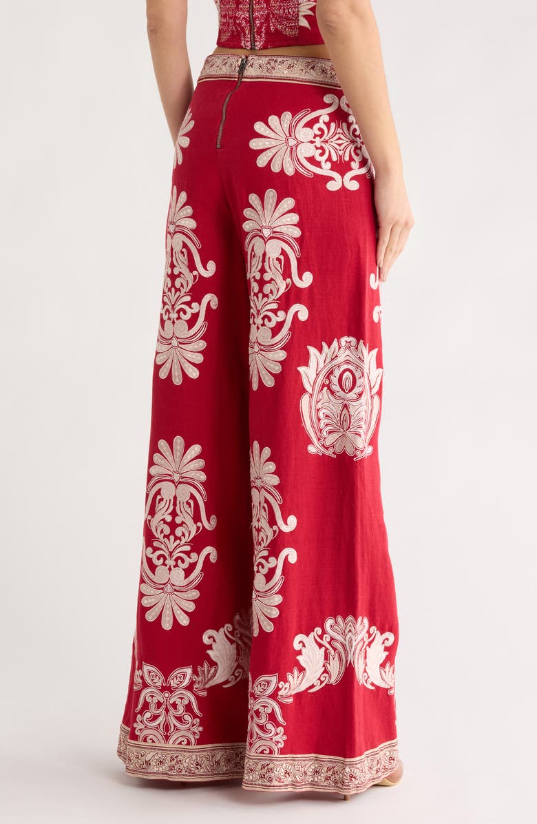 Alice + Olivia Athena Embroidered Wide Leg Linen Pants, Alternate, color, Serenade Dark Cherry