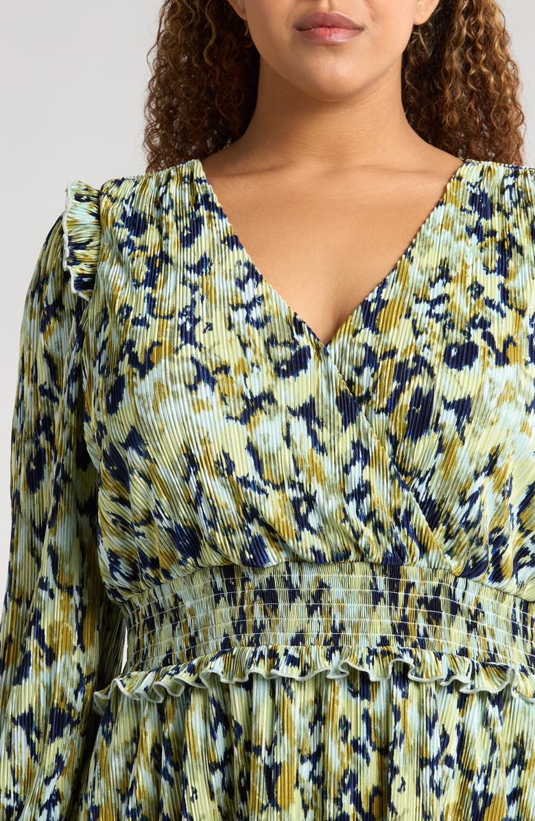 Chelsea28 Floral Long Sleeve Plissé Dress, Alternate, color, Blue- Green Textured Floral