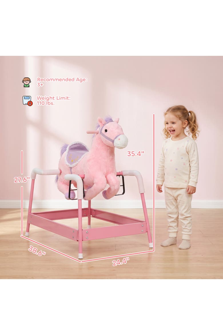 Kids Spring Rocking Horse, Ride on Horse with Neighing Sounds, Plush Animal Ride on Toy with Covered Spring, Alternate, color, pink