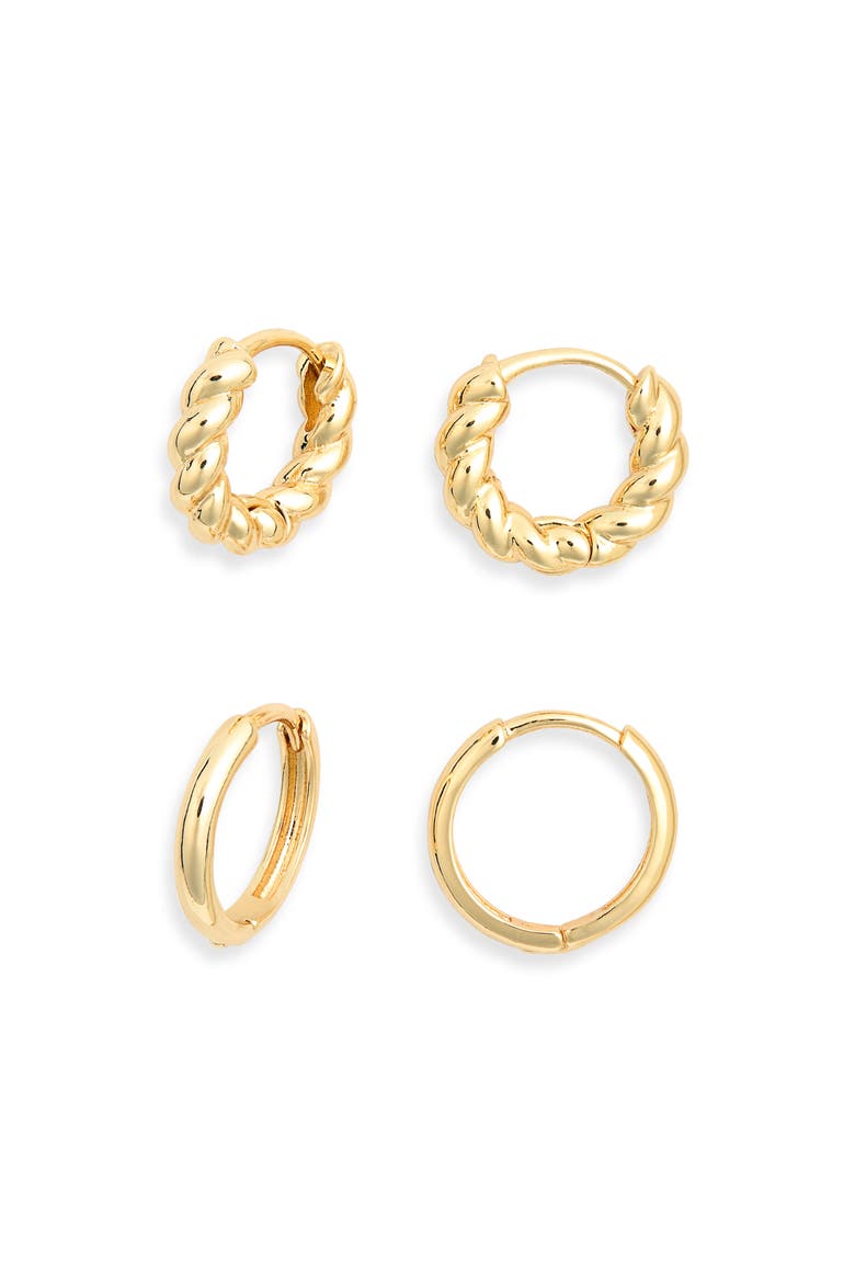 Set of 2 Twisted & Smooth Huggie Hoop Earrings, Alternate, color, GOLD