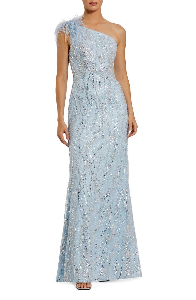 Mac Duggal Feathered One Shoulder Embroidered Applique Gown, Main, color, Powder Blue