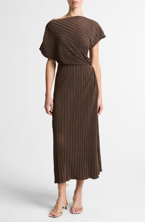 Vince Diagonal Pleated Twist Waist Midi Dress In Brown