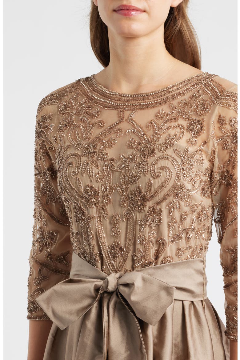 Beaded Illusion Neck Taffeta Cocktail Dress, Alternate, color, MOCHA