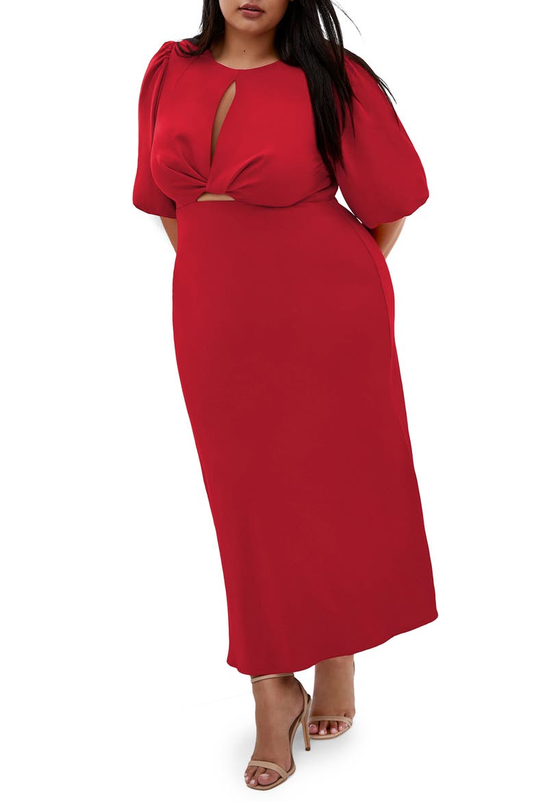 Ines Twist Front Puff Sleeve Maxi Dress, Main, color, CHERRY