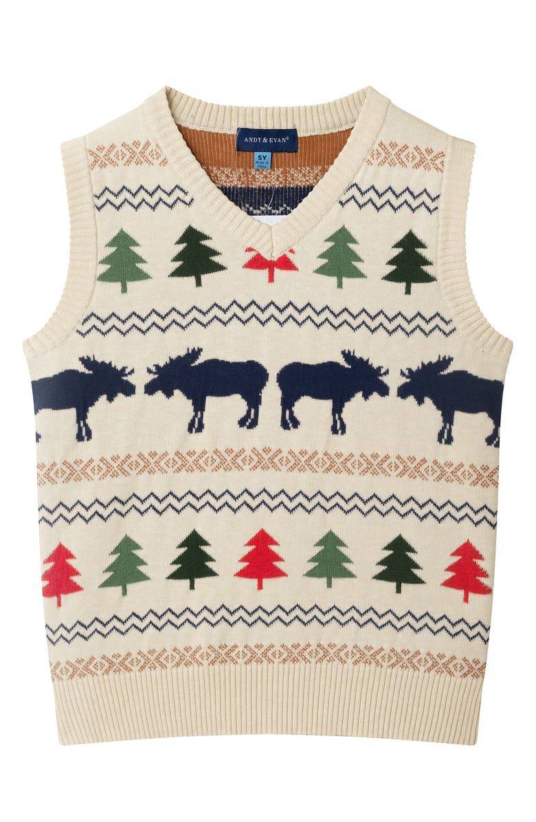 Andy & Evan Kids' Sweater Vest, Button-Up Shirt, Pants & Bow Tie Set, Alternate, color, Beige Fair Isle