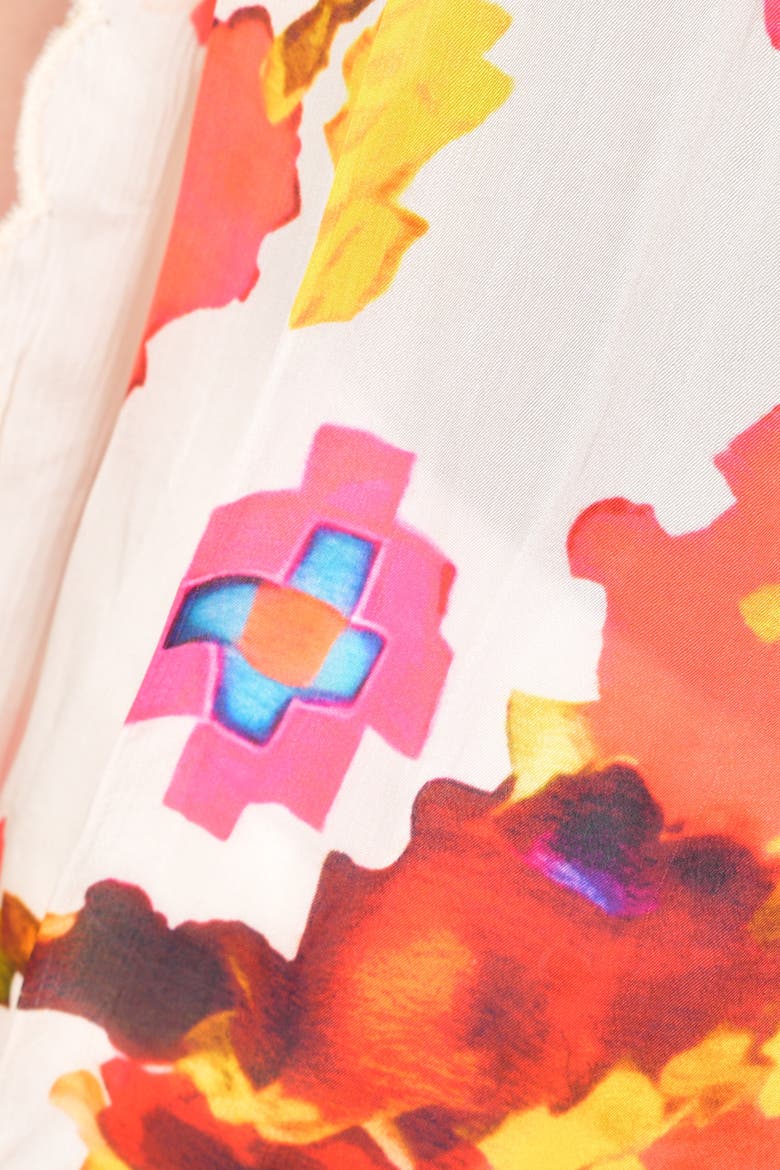 Printed Silk Scarf with Asymmetric Cutwork Border, Alternate, color, White