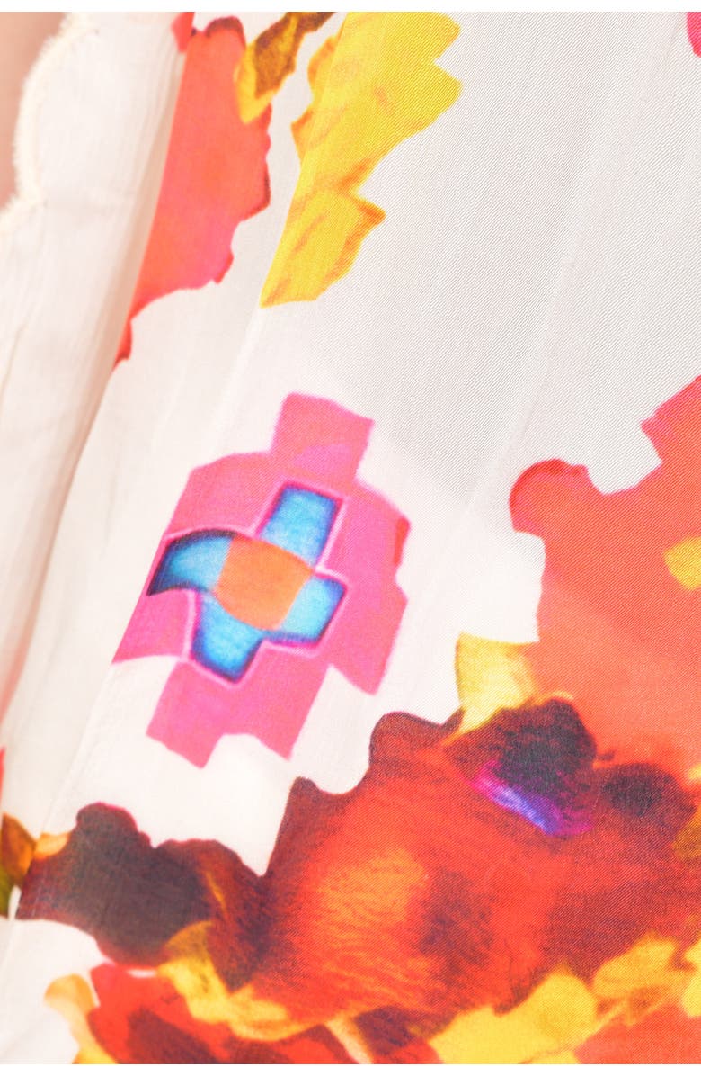 RAAS Printed Silk Scarf with Asymmetric Cutwork Border, Alternate, color, White