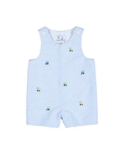 Stripe Birdseye Pique Shortall With Embroidered Trains