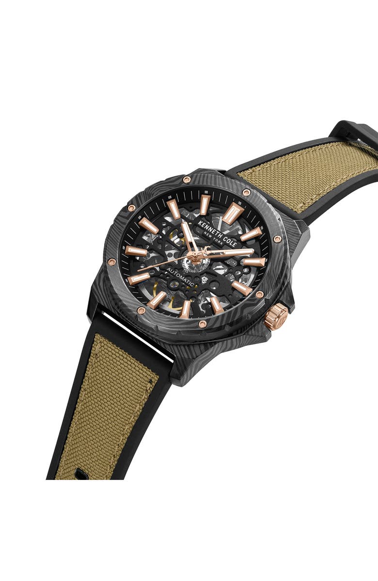 Kenneth Cole New York The Hollis Skeleton Automatic Silicone & Nylon Strap, 45mm, Alternate, color, Tan / Brown Light